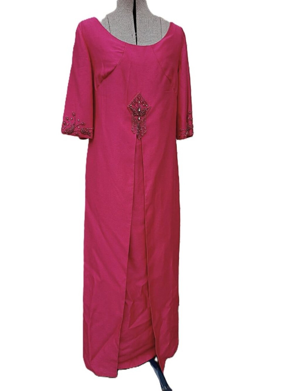 Vintage 60s Pink Maxi Dress Beaded Long Party Hostess Gown Fuchsia 38" Bust